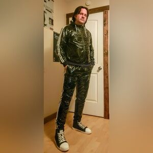 Black Shiny Tracksuit with White Stripes latex/vynal Vest not included